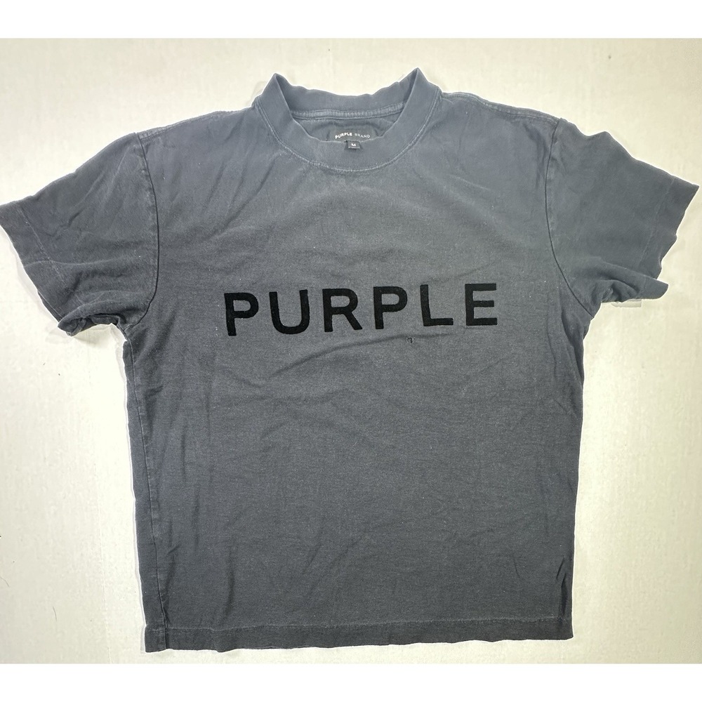 Purple Brand Logo Graphic T-Shirt Gray Black Print Men's Size M Distressed Tee